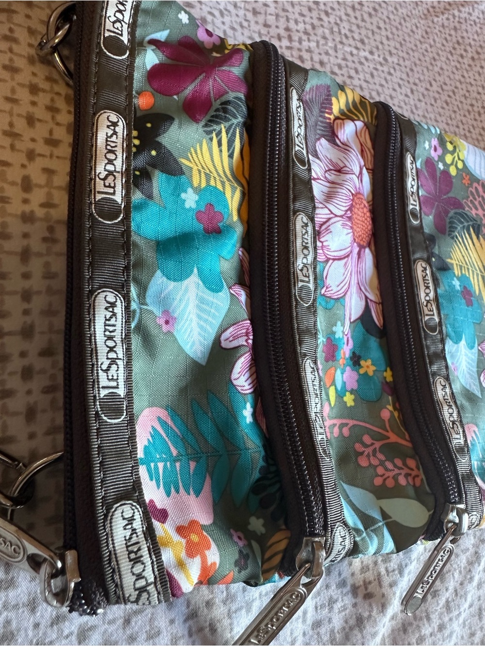 LeSportsac Floral Crossbody Bag in Green with Pink & Teal Accents - Picture 4 of 12